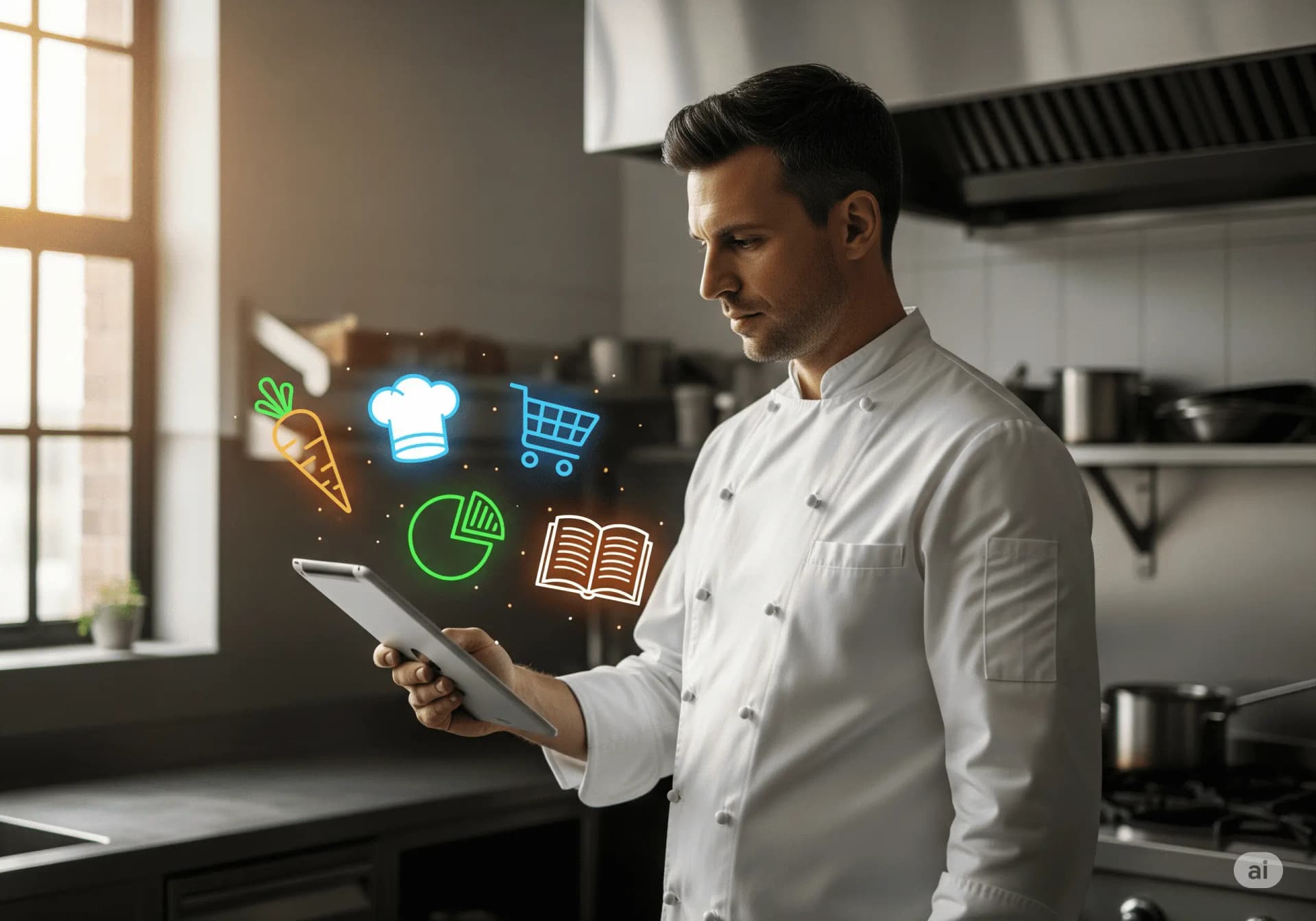 Chef usando um tablet em uma cozinha com vários ícones de funcionalidades flutuando